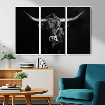 42077175-MGV-CV-36X24-Texas Longhorn Wall Art Canvas Print, Framed Monochrome Bull Art Picture Print, Horned Bull Perfect Rustic Western Decor Artwork