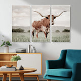 28309012-MGV-CV-36X24-Texas Longhorn Wall Art Canvas Print, Framed Spotted Cattle Art Picture Print, Horned Bull Perfect Rustic Western Decor Artwork