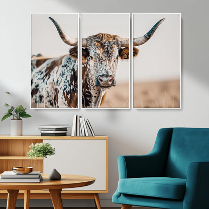 70414966-MGV-CV-36X24-Texas Longhorn Wall Art Canvas Print, Framed Speckled Cow Art Picture Print, Horned Bull Perfect Rustic Western Decor Artwork