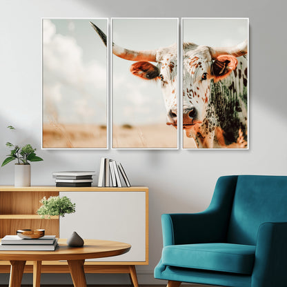 72766375-MGV-CV-36X24-Texas Longhorn Wall Art Canvas Print, Framed Spotted Cow Art Picture Print, Horned Cattle Perfect Rustic Western Decor Artwork