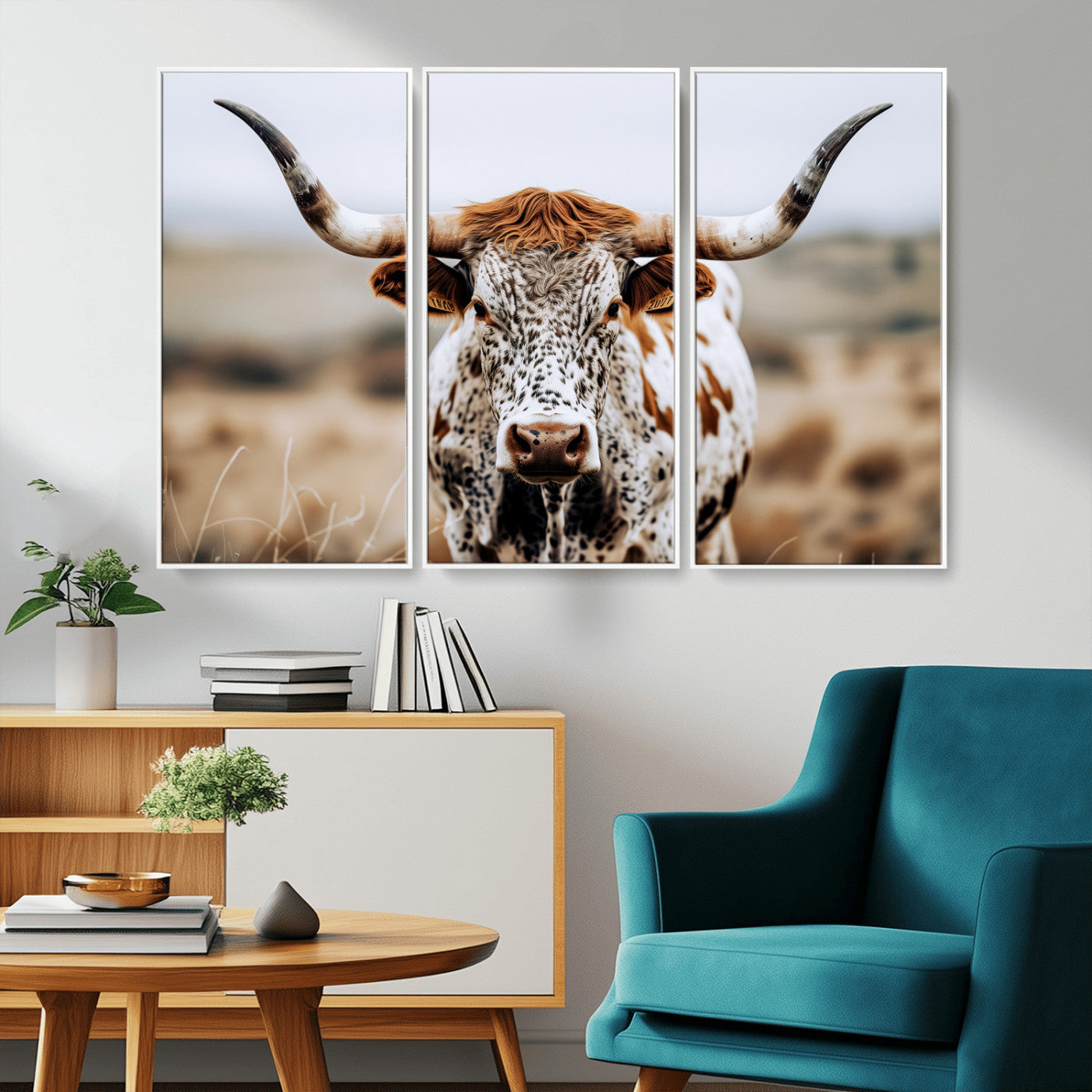 76294381-MGV-CV-36X24-Texas Longhorn Wall Art Canvas Print, Framed Spotted Cow Art Picture Print, Horned Cattle Perfect Rustic Western Decor Artwork