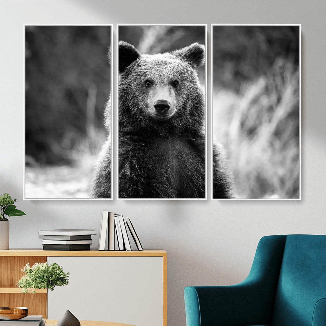 MGV-FC-48X32-3P - Grizzly Bear Wall Art Canvas Print, Framed Black White Bear Art Picture Print, Wild Bear Perfect Rustic Wildlife Decor Artwork