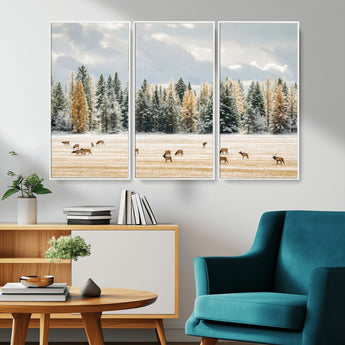64188182-MGV-CV-36X24-Elk Herd Wall Art Canvas Print, Framed Snowy Forest Art Picture Print, Forest Elks Perfect Neutral Rustic Decor Artwork