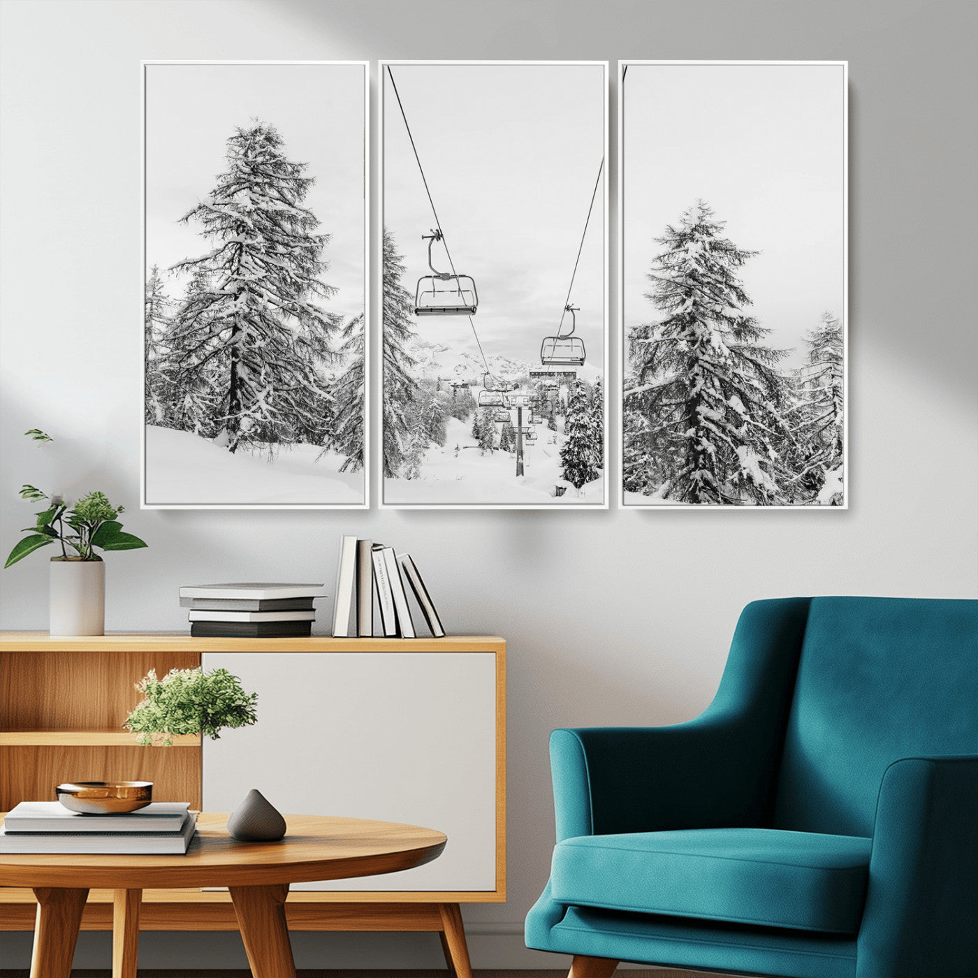 55003599-MGV-CV-36X24-Snowy Ski Lift Wall Art Canvas Print, Framed Winter Forest Art Picture Print, Ski lift Ride Perfect Winter Lodge Decor Artwork
