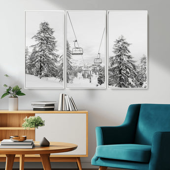 55003599-MGV-CV-36X24-Snowy Ski Lift Wall Art Canvas Print, Framed Winter Forest Art Picture Print, Ski lift Ride Perfect Winter Lodge Decor Artwork