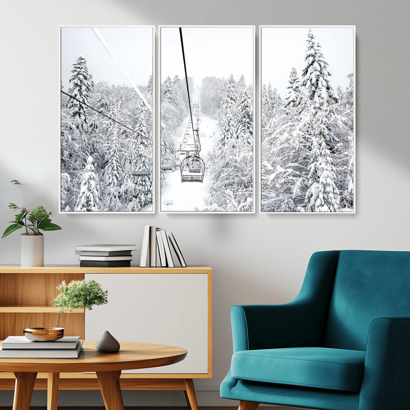 60296839-MGV-CV-36X24-Snowy Mountains Wall Art Canvas Print, Framed Ski Lift Art Picture Print, Winter Forest Perfect Winter Minimalist Decor Artwork