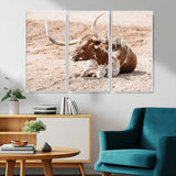 91248682-MGV-CV-36X24-Texas Longhorn Wall Art Canvas Print, Framed Resting Bull Art Picture Print, Spotted Cattle Perfect Rustic Western Decor Artwork