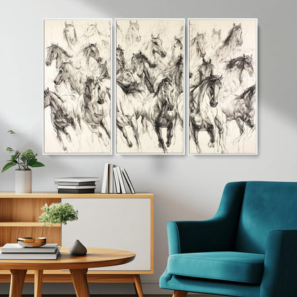 19433417-MGV-CV-36X24-Running Horses Wall Art Canvas Print, Framed Horse Sketch Art Picture Print, Galloping Herd Perfect Monochrome Western Decor