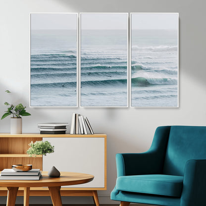 73969318-MGV-CV-36X24-Ocean Waves Wall Art Canvas Print, Framed Surfer Lineup Art Picture Print, Crowded Ocean Perfect Minimal Coastal Decor Artwork