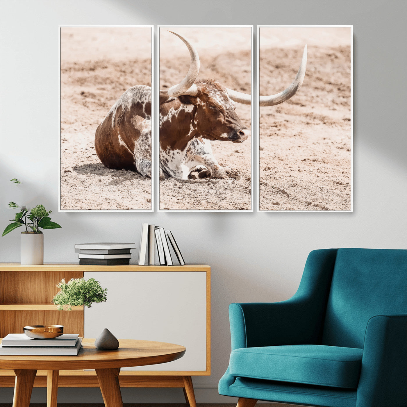25407592-MGV-CV-36X24-Texas Longhorn Wall Art Canvas Print, Framed Resting Bull Art Picture Print, Spotted Cattle Perfect Rustic Western Decor Artwork