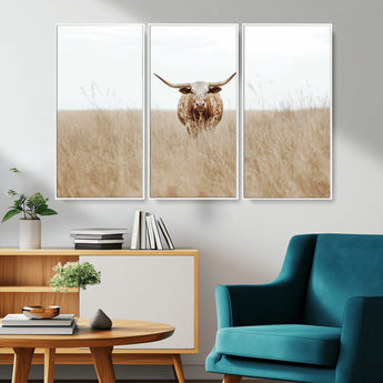20927060-MGV-CV-36X24-Texas Longhorn Wall Art Canvas Print, Framed Lone Cattle Art Picture Print, Longhorn Bull Perfect Rustic Western Decor Artwork