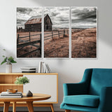 73898372-MGV-CV-36X24-Rustic Barn Wall Art Canvas Print, Framed Moody Field Art Picture Print, Weathered Fence Perfect Moody Farmhouse Decor Artwork