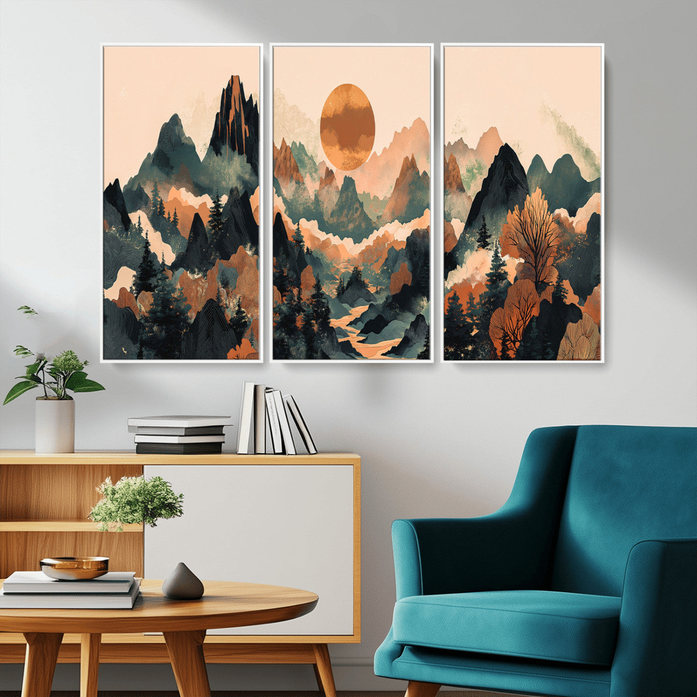 13012770-MGV-CV-36X24-Mountain Landscape Wall Art – Modern Nature Canvas Print with Sun, Misty Peaks, and Forest in Orange and Green Tones for Living