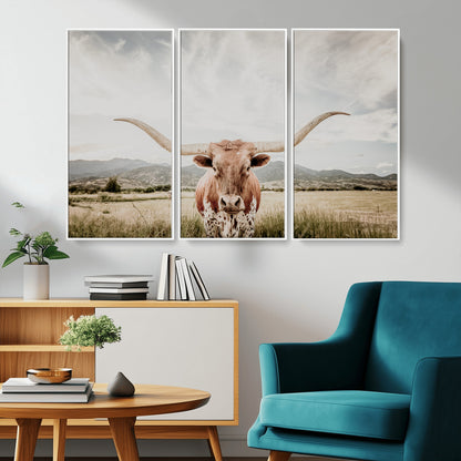 80054319-MGV-CV-36X24-Longhorn Wall Art – Rustic Western Canvas Print, Majestic Bull Artwork for Farmhouse, Ranch or Living Room