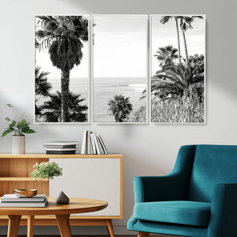 89458520-MGV-FC-48X32-3P_White-Palm Trees Wall Art Canvas Print, Framed Coastal View Art Picture Print, Ocean Horizon Perfect Monochrome Coast Decor Artwork