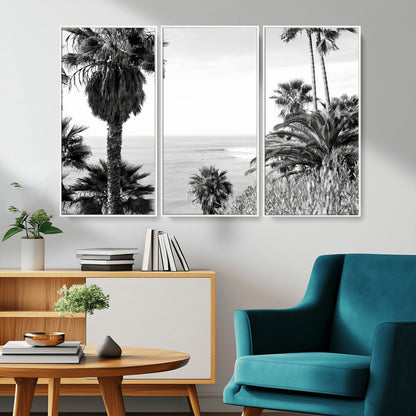 89458520-MGV-FC-48X32-3P_White-Palm Trees Wall Art Canvas Print, Framed Coastal View Art Picture Print, Ocean Horizon Perfect Monochrome Coast Decor Artwork