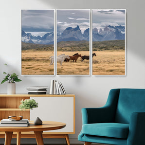 69960232-MGV-CV-36X24-Wild Horses Wall Art Canvas Print, Framed Patagonian Peaks Art Picture Print, Torres del Paine Perfect Rustic Patagonian Decor