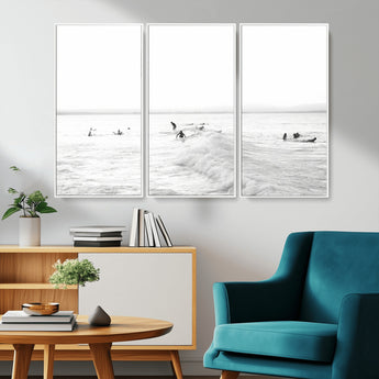 33449548-MGV-CV-36X24-Group Surfers Wall Art Canvas Print, Framed Ocean Wave Art Picture Print, Surf Crowd Perfect Monochrome Surf Decor Artwork