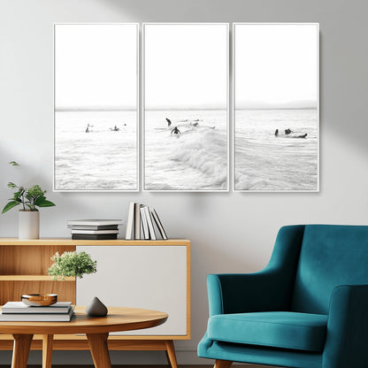 33449548-MGV-CV-36X24-Group Surfers Wall Art Canvas Print, Framed Ocean Wave Art Picture Print, Surf Crowd Perfect Monochrome Surf Decor Artwork