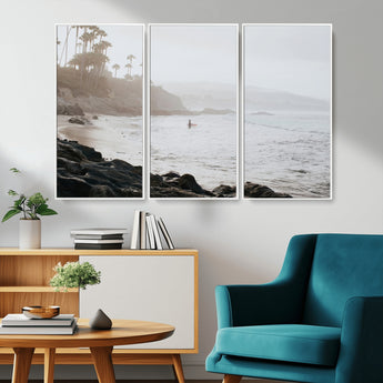 62501405-MGV-CV-36X24-Misty Beach Wall Art Canvas Print, Framed California Surfer Art Picture Print, Coastal Cliff Perfect Coastal Beach Decor Artwork