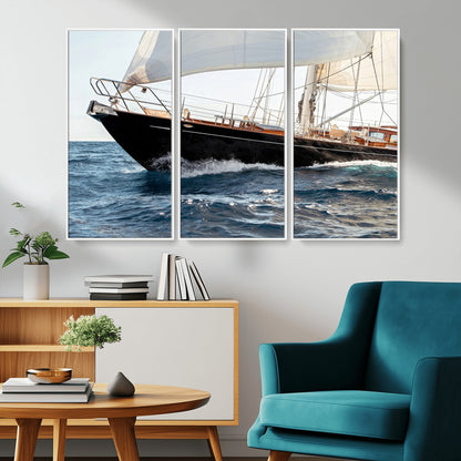 97168626-MGV-CV-36X24-Sailing Yacht Wall Art Canvas Print, Framed Wooden Yacht Art Picture Print, Ocean Waves Perfect Nautical Coastal Decor Artwork