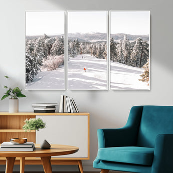 62119206-MGV-CV-36X24-Snowy Trail Wall Art Canvas Print, Framed Ski Slope Art Picture Print, Winter Pines Perfect Alpine Adventure Decor Artwork