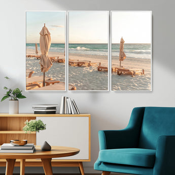 58507949-MGV-FC-48X32-3P_White-Beach Umbrellas Wall Art Canvas Print, Framed Empty Loungers Art Picture Print, Soft Sand Perfect Minimalist Seaside Decor Artwork