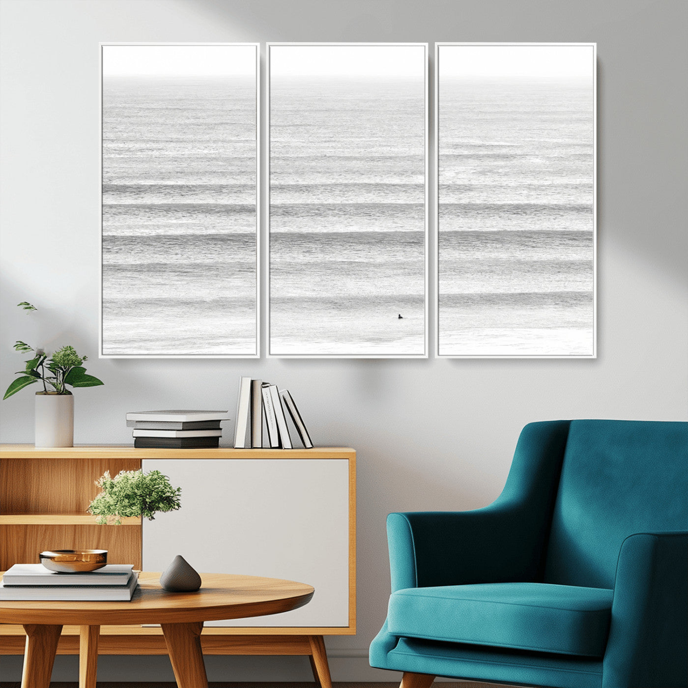 66534476-MGV-CV-36X24-Lone Surfer Wall Art Canvas Print, Framed Ocean Waves Art Picture Print, Minimal Sea Perfect Minimal Coastal Decor Artwork