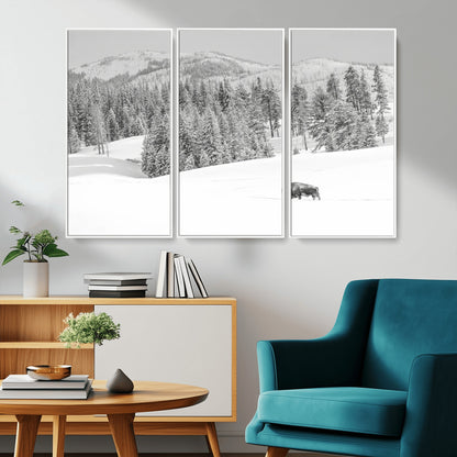 68081143-MGV-CV-36X24-Snowy Bison Wall Art Canvas Print, Framed Winter Forest Art Picture Print, Lone Bison Perfect Monochrome Winter Wild Decor Artwork