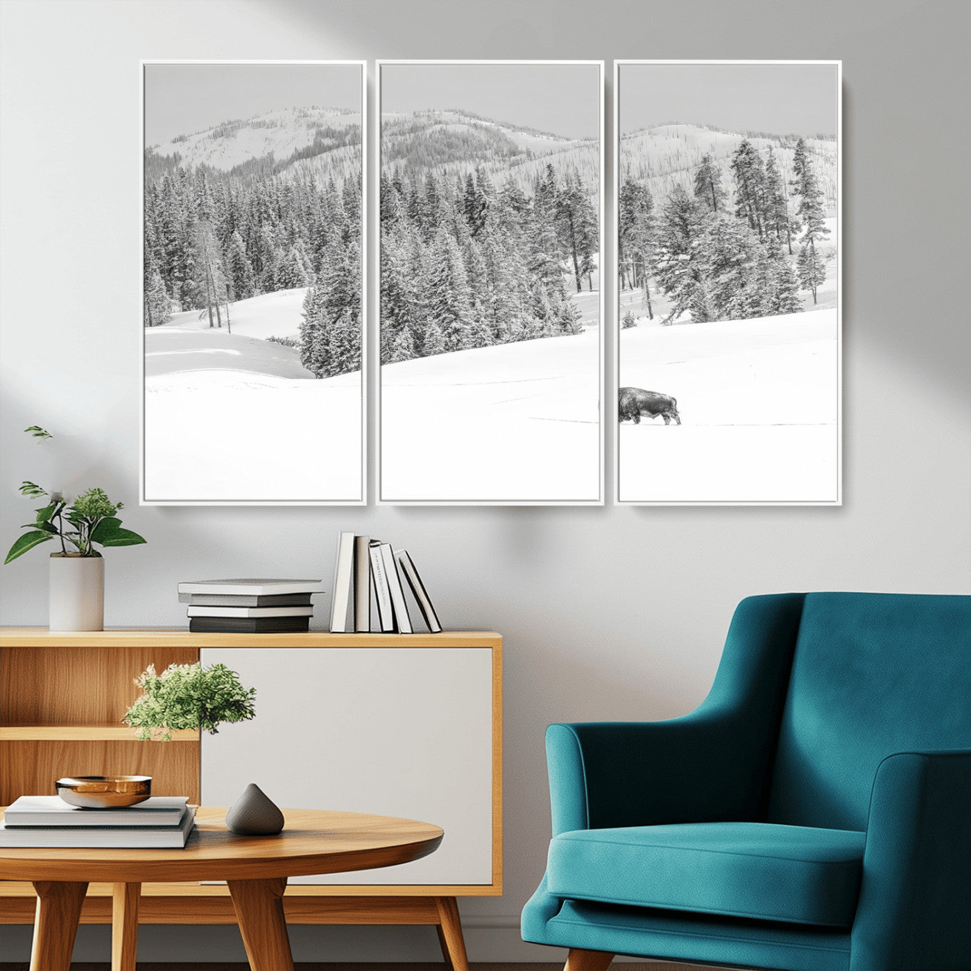 68081143-MGV-CV-36X24-Snowy Bison Wall Art Canvas Print, Framed Winter Forest Art Picture Print, Lone Bison Perfect Monochrome Winter Wild Decor Artwork