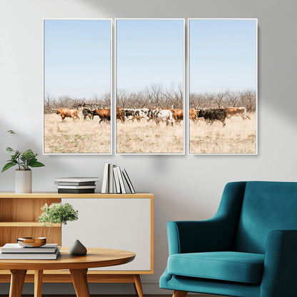 16563092-MGV-CV-36X24-Texas Longhorns Wall Art Canvas Print, Framed Western Cattles Art Picture Print, Rustic Herd Perfect Rustic Farmhouse Decor