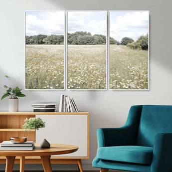 43258946-MGV-FC-48X32-3P_White-Daisy Field Wall Art Canvas Print, Framed Pastel Flower Art Picture Print, Meadow Bloom Perfect Scandinavian Minimalist Decor