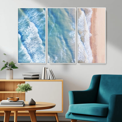 17641845-MGV-CV-36X24-Aerial Ocean Wall Art Canvas Print, Framed Blue Waves Art Picture Print, Sandy Shoreline Perfect Modern Coastal Decor Artwork
