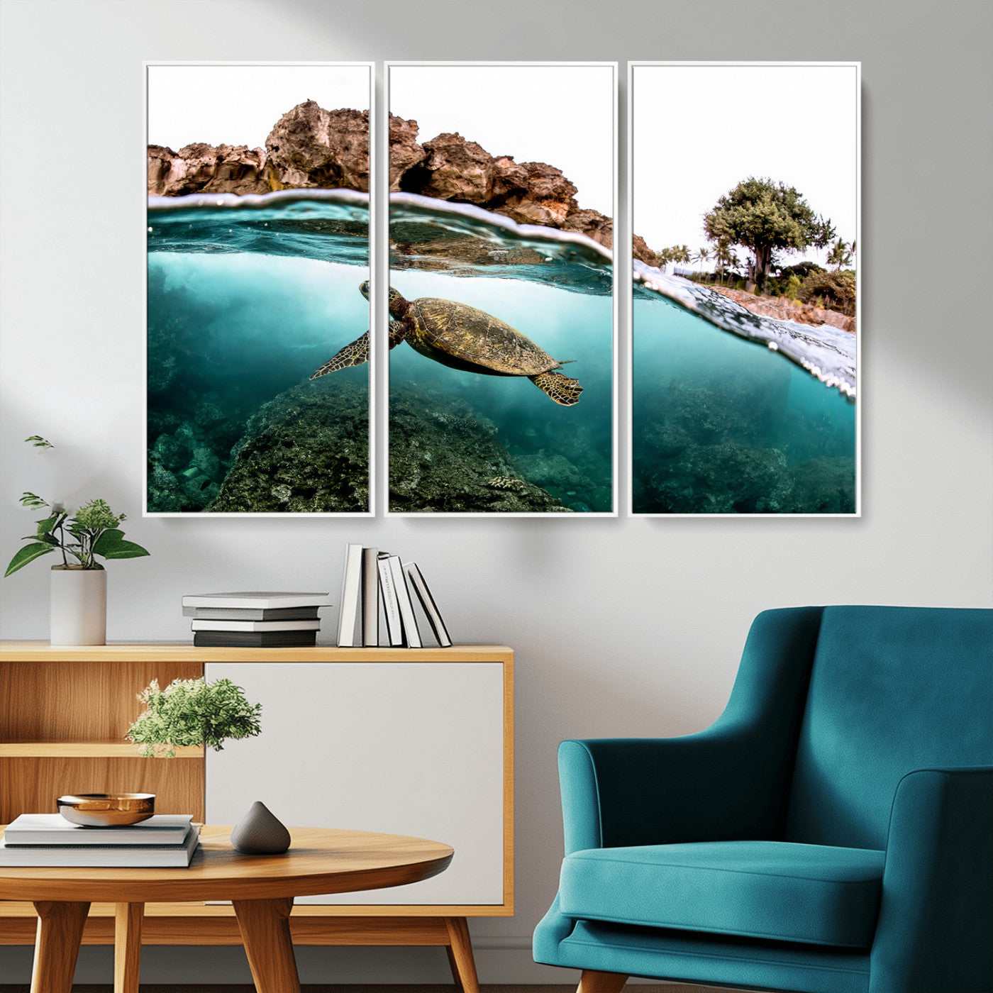 44200301-MGV-CV-36X24-Sea Turtle Swim Wall Art Canvas Print, Framed Ocean Life Art Picture Print, Tropical Shoreline Perfect Tropical Coastal Decor