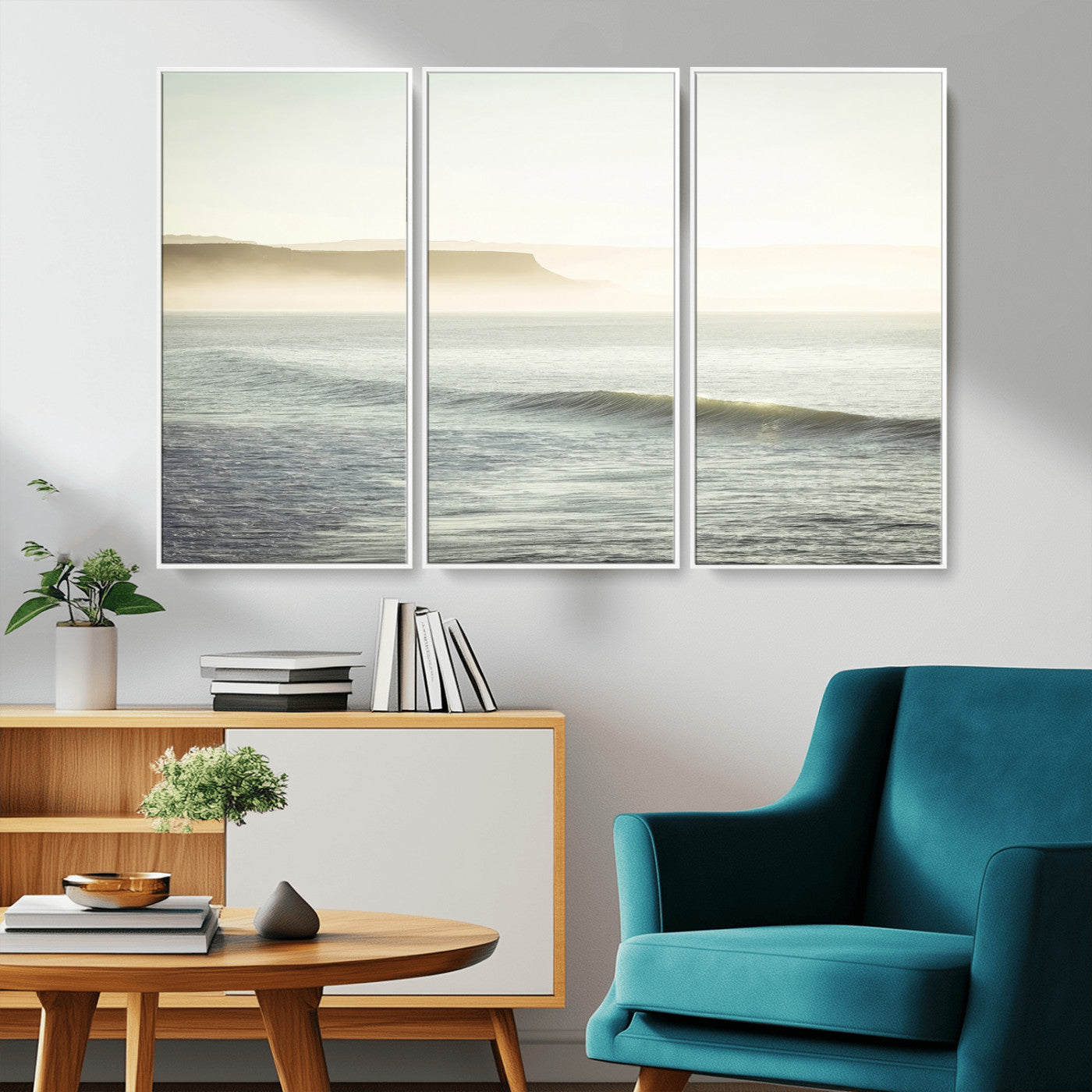 39310633-MGV-CV-36X24-Coastal Cliffs Wall Art Canvas Print, Framed Misty Ocean Art Picture Print, Morning Light Perfect Minimalistic Coastal Decor