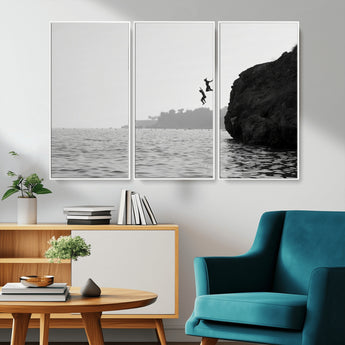 52284302-MGV-CV-36X24-Cliff Jumping Wall Art Canvas Print, Framed Ocean Adventure Art Picture Print, Black White Coast Perfect Modern Coastal Decor