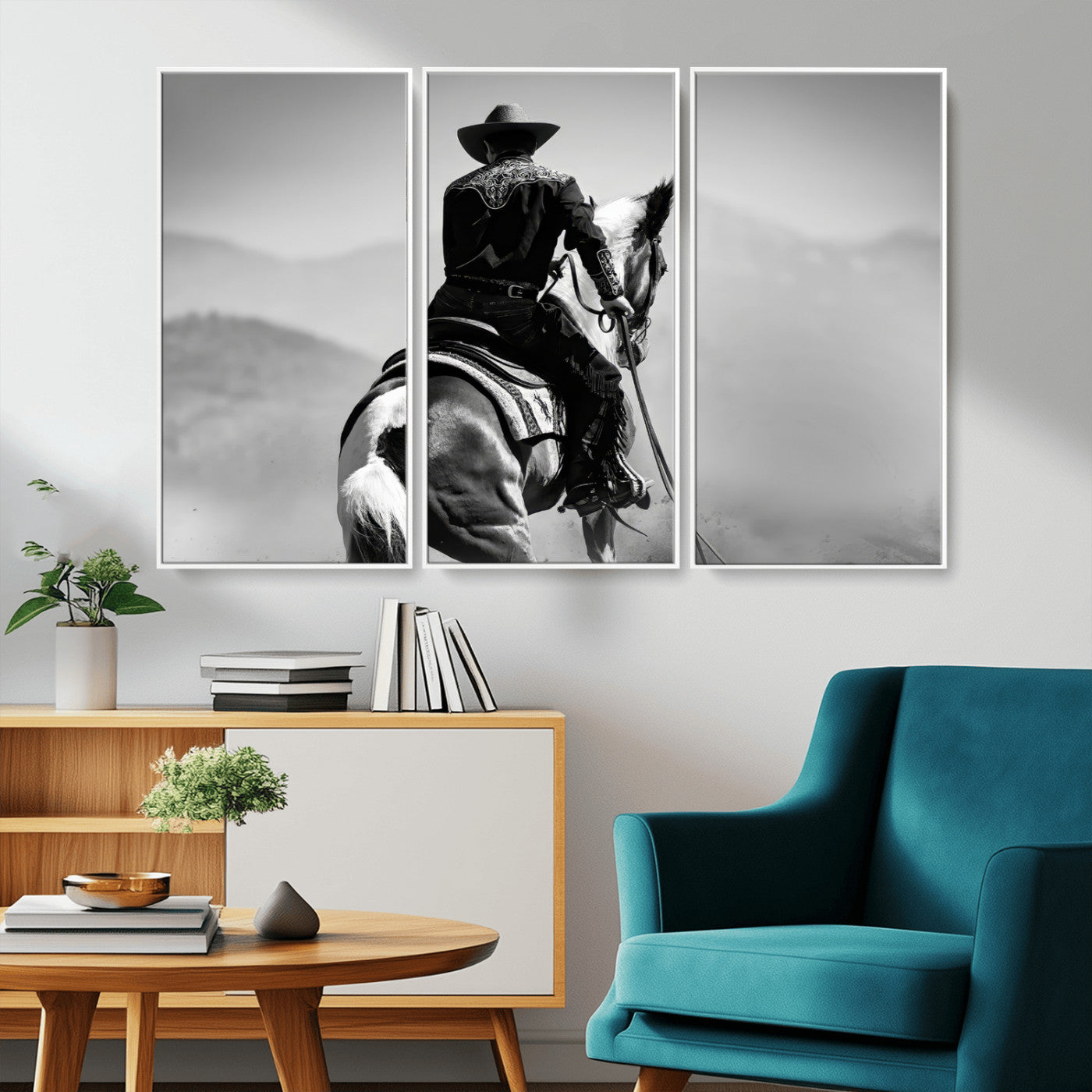 83102464-MGV-CV-36X24-Western Cowboy Wall Art Canvas Print, Framed Monochrome Horse Art Picture Print, Western Equestrian Perfect Rustic Western Decor