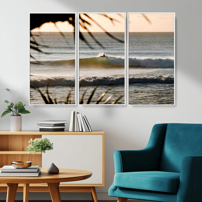 24896468-MGV-CV-36X24-Sunset Surf Wall Art Canvas Print, Framed Golden Waves Art Picture Print, Tropical Ocean Perfect Tropical Boho Decor Artwork