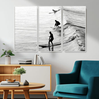 19875284-MGV-CV-36X24-Surfer Waves Wall Art Canvas Print, Framed Black White Surf Art Picture Print, Monochrome Ocean Perfect Modern Coastal Decor