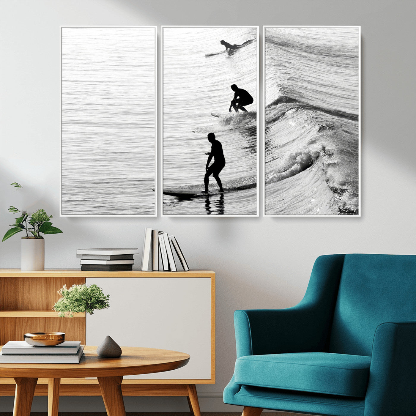 19875284-MGV-FC-48X32-3P_White-Surfer Waves Wall Art Canvas Print, Framed Black White Surf Art Picture Print, Monochrome Ocean Perfect Modern Coastal Decor
