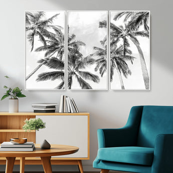 62113786-MGV-CV-36X24-Black White Palm Wall Art Canvas Print, Framed Monochrome Tropics Art Picture Print, Minimalist Beach Perfect Coastal Minimalist