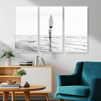 98446901-MGV-CV-36X24-Monochrome Surf Wall Art Canvas Print, Framed Minimalist Surfer Art Picture Print, Surfboard Silhouette Perfect Coastal Minimalist