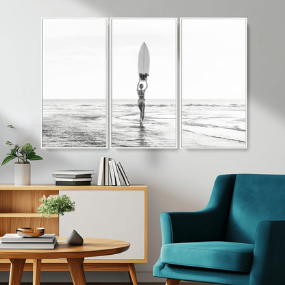 98446901-MGV-CV-36X24-Monochrome Surf Wall Art Canvas Print, Framed Minimalist Surfer Art Picture Print, Surfboard Silhouette Perfect Coastal Minimalist
