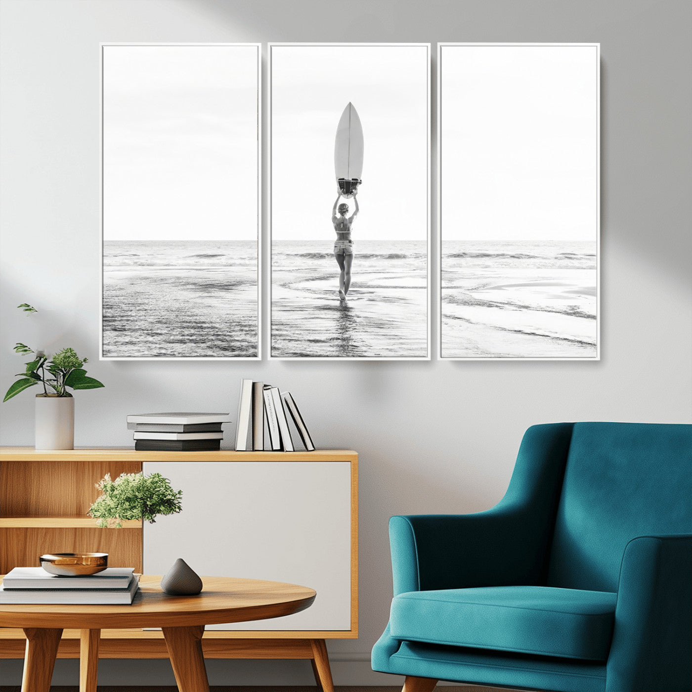 98446901-MGV-CV-36X24-Monochrome Surf Wall Art Canvas Print, Framed Minimalist Surfer Art Picture Print, Surfboard Silhouette Perfect Coastal Minimalist