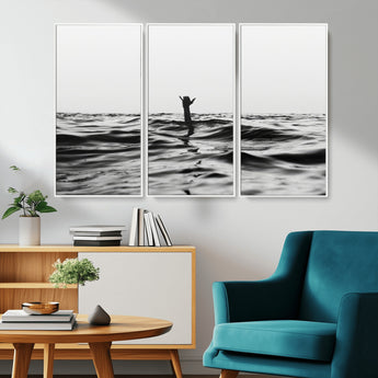 69541918-MGV-CV-36X24-Black White Ocean Wall Art Canvas Print, Framed Moody Seascape Art Picture Print, Surfer Sign Perfect Moody Minimalist Decor