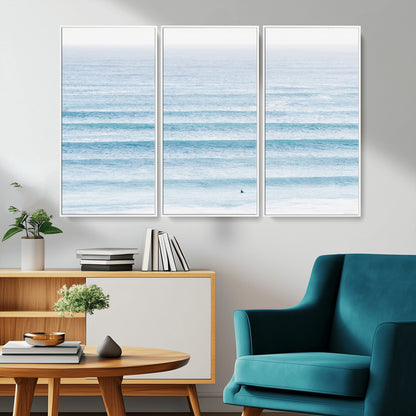 77145995-MGV-CV-36X24-Ocean Simplicity Wall Art Canvas Print, Framed Surfer on Water Art Picture Print, Light Blue Perfect Coastal Minimalist Decor