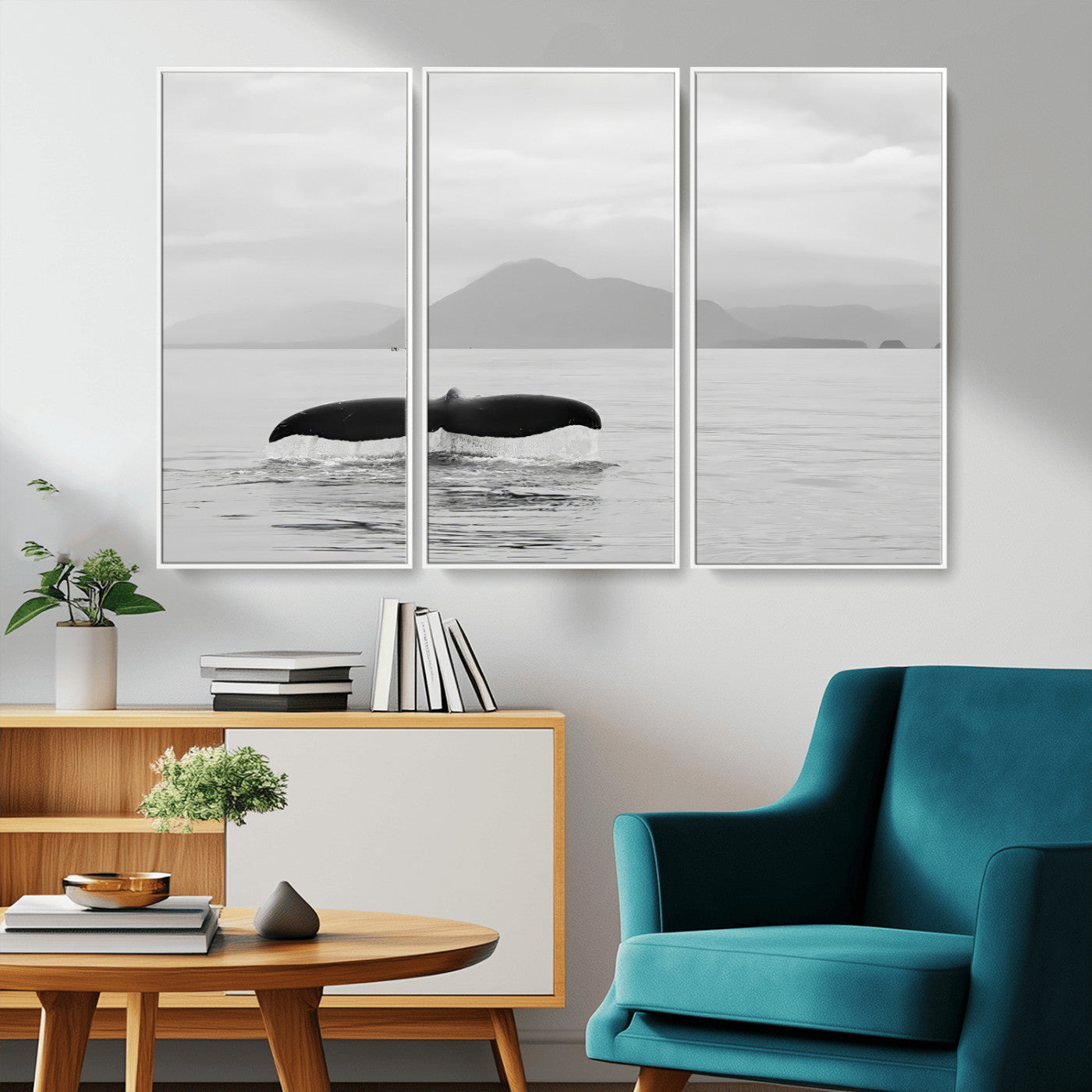 30524220-MGV-CV-36X24-Whale Tail Wall Art Canvas Print, Framed Black White Ocean Art Picture Print, Calm Marine Perfect Minimalist Coastal Decor Artwork