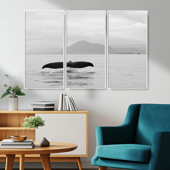 30524220-MGV-CV-36X24-Whale Tail Wall Art Canvas Print, Framed Black White Ocean Art Picture Print, Calm Marine Perfect Minimalist Coastal Decor Artwork