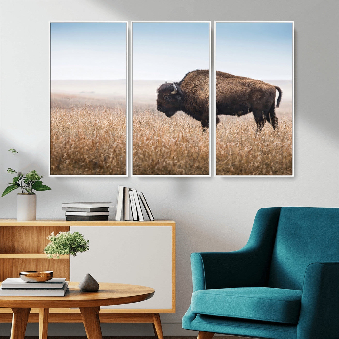 99620201-MGV-CV-36X24-Wild Bison Wall Art Canvas Print, Framed Bison in Prairie Art Picture Print, Rustic Western Perfect Rustic Western Decor Artwork