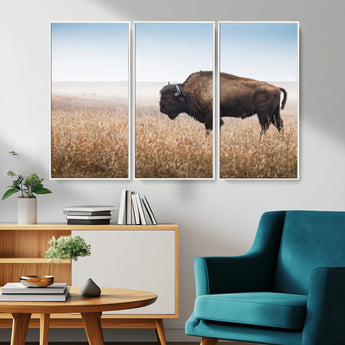 99620201-MGV-FC-48X32-3P_White-Wild Bison Wall Art Canvas Print, Framed Bison in Prairie Art Picture Print, Rustic Western Perfect Rustic Western Decor Artwork